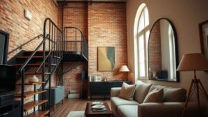 Studio parisien lumineux avec mezzanine métallique, brique apparente et salon beige dans une ambiance chaleureuse