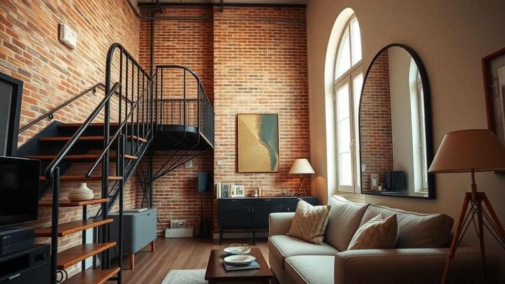 Studio parisien lumineux avec mezzanine métallique, brique apparente et salon beige dans une ambiance chaleureuse