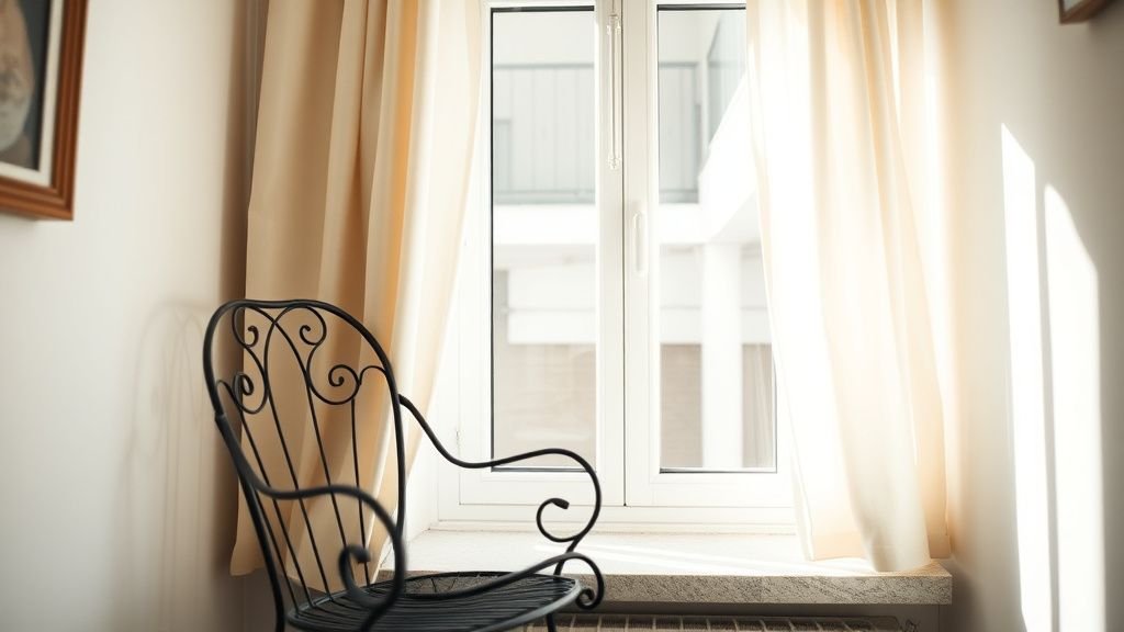 Coin fenêtre cosy d’un studio parisien avec fauteuil léger et assise intégrée baignée de lumière naturelle