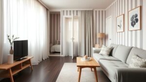 Studio scandinave lumineux avec alcôve nuit, canapé clair, bois blond et décor graphique
