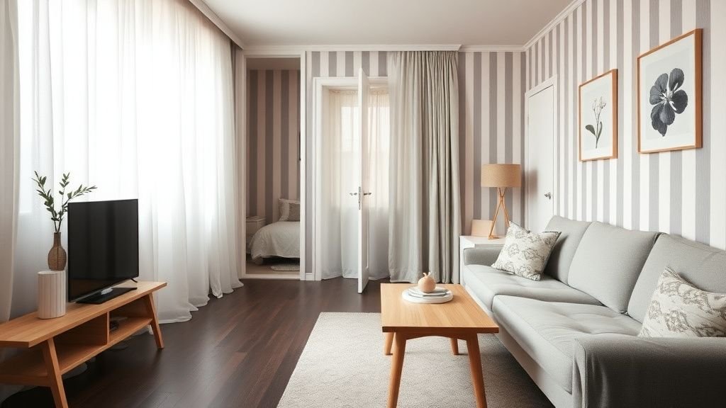 Studio scandinave lumineux avec alcôve nuit, canapé clair, bois blond et décor graphique
