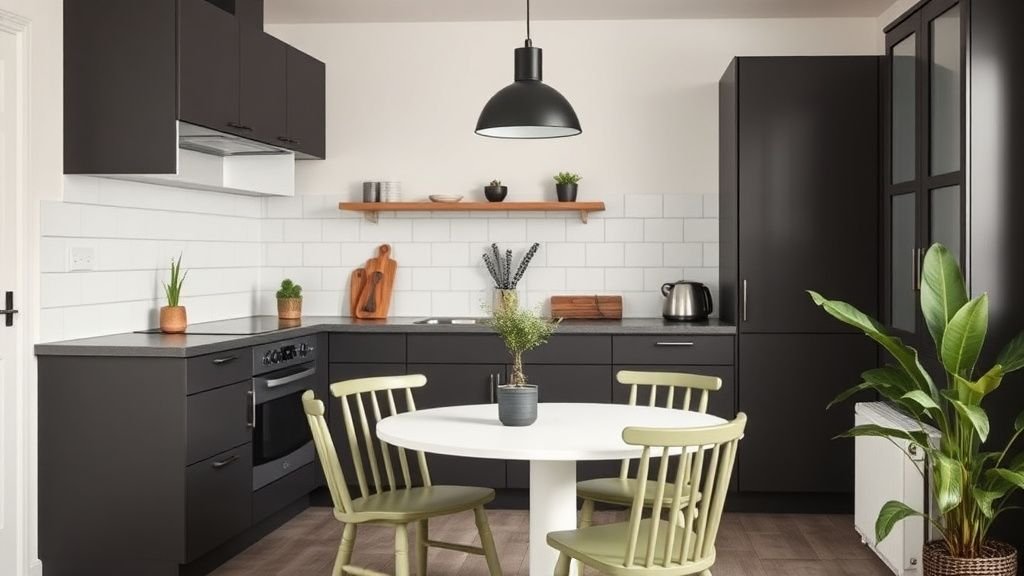 Cuisine séparée d’un studio scandinave avec table ronde blanche, chaises vert sauge et lumière naturelle