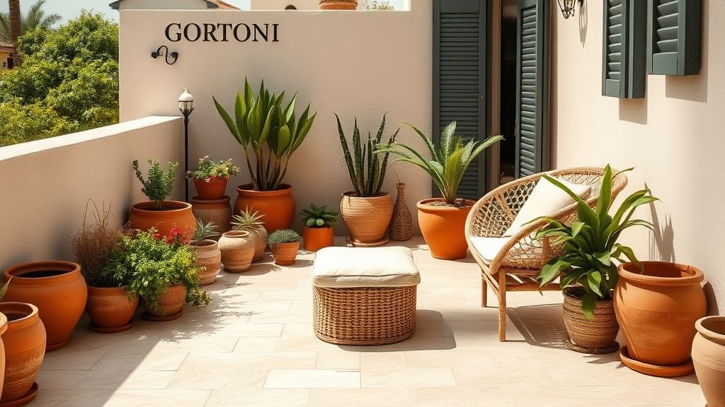 Coin terrasse naturel avec pots en terre cuite, fauteuil tressé et coussins en lin