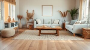 Tapis esprit cabanon dans un salon lumineux aux matières naturelles et aux tons sable