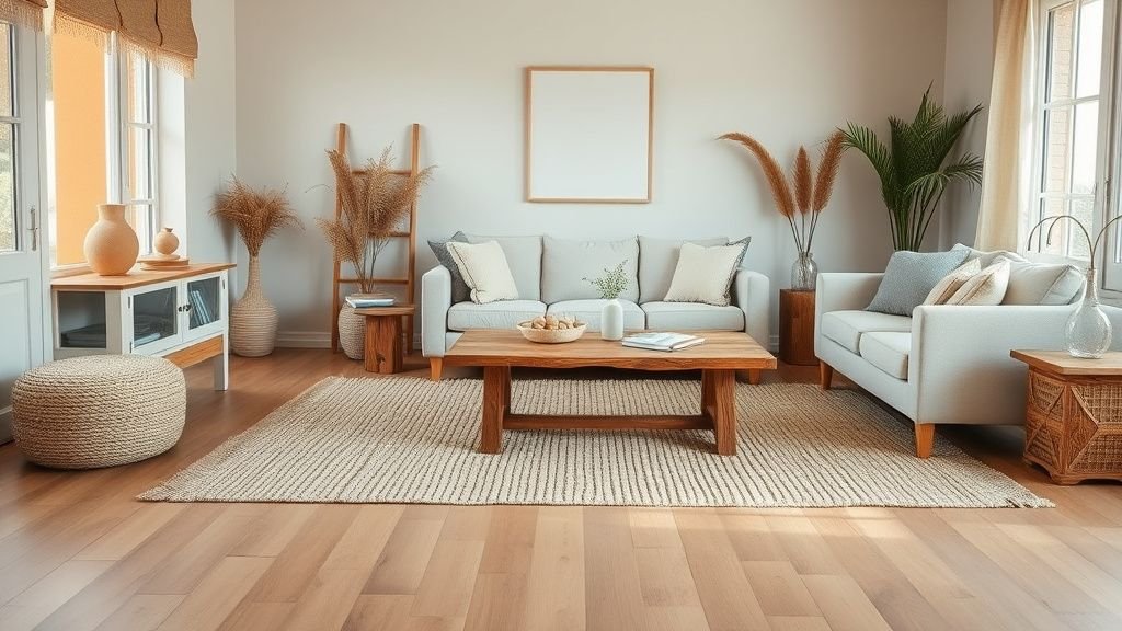 Tapis esprit cabanon dans un salon lumineux aux matières naturelles et aux tons sable