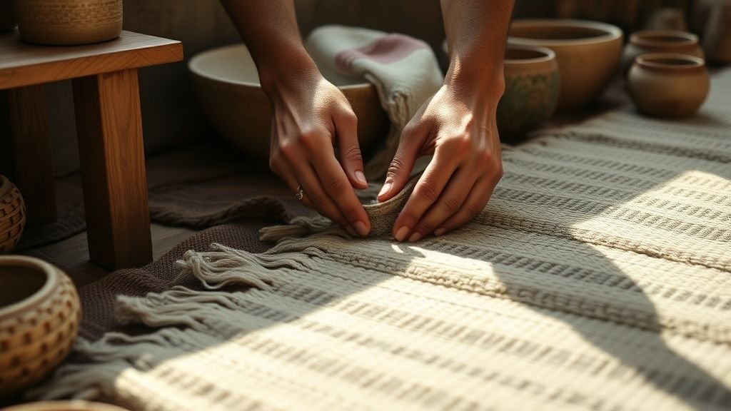 Mains disposant un tapis tissé à la main près d’un banc en bois et d’objets en céramique