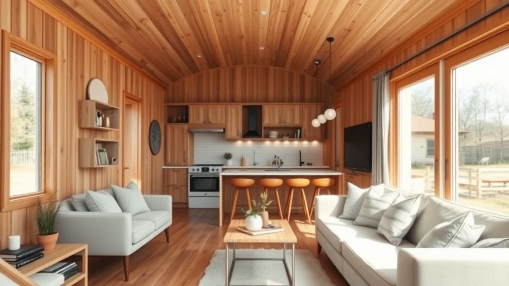 Intérieur lumineux d’une tiny house de plain-pied avec cuisine ouverte et salon chaleureux en bois