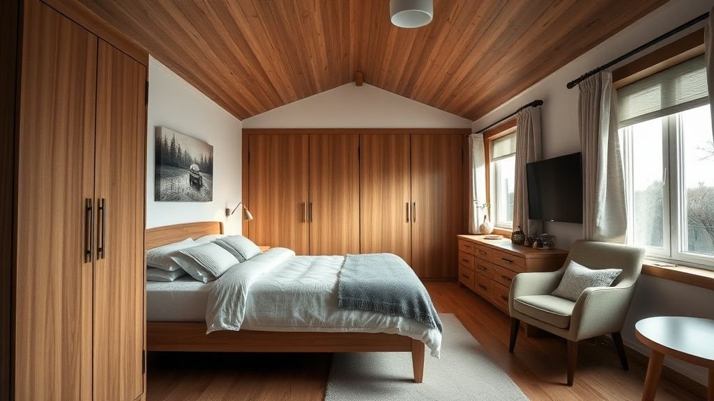 Chambre de plain-pied dans une tiny house avec lit double, rangements intégrés et lumière naturelle