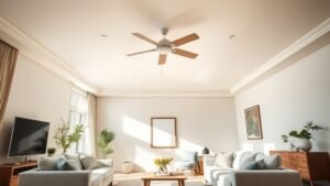 Salon élégant et lumineux avec ventilateur de plafond discret dans une décoration estivale apaisante