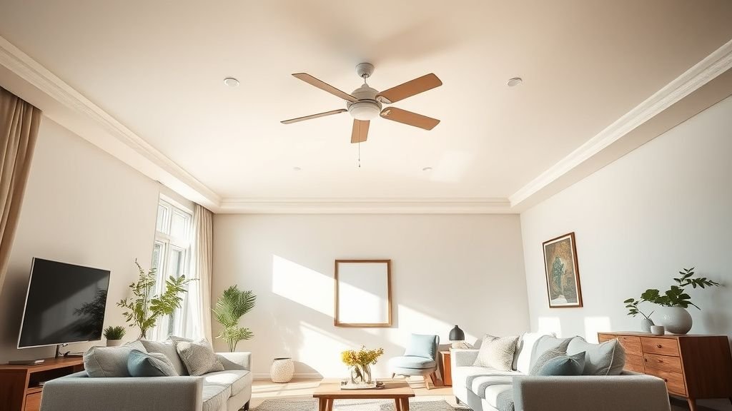 Salon élégant et lumineux avec ventilateur de plafond discret dans une décoration estivale apaisante