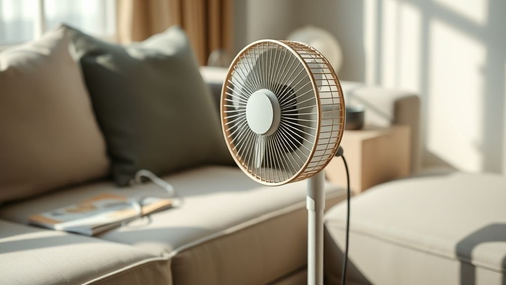 Mains tenant un ventilateur sur pied dans un salon moderne et lumineux, ambiance estivale sobre