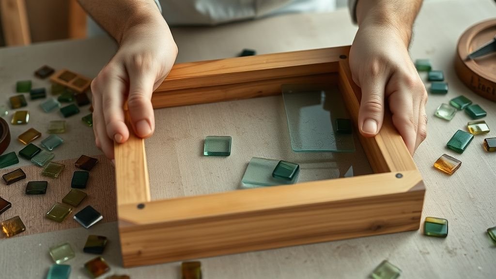 Mains installant des verres colorés dans un cadre en bois sur un établi d’artisan