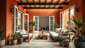 Terrasse design avec pierre, bois et plantes, ouverte sur un intérieur lumineux et harmonieux