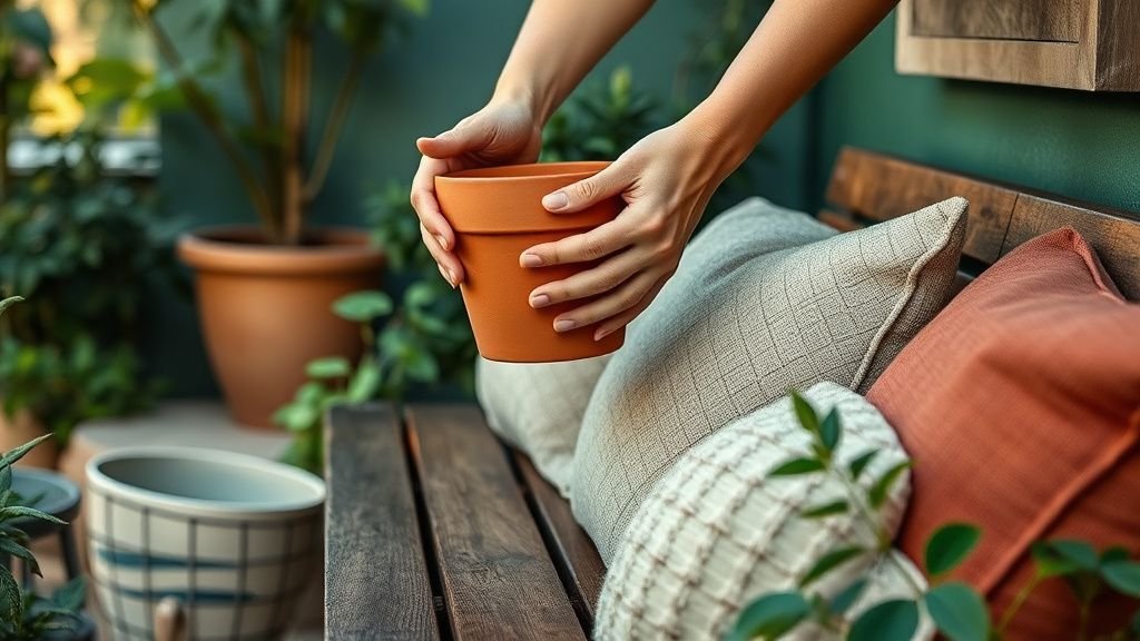 Mains disposant une jardinière en terre cuite près d’un banc en bois et d’un mur vert profond