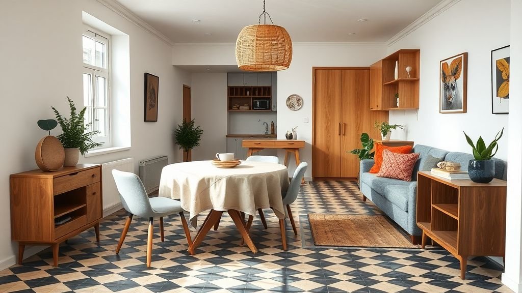 Appartement 50 m² lumineux avec sol géométrique, mobilier en bois clair et salon chaleureux