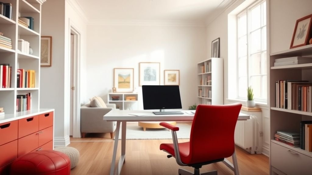 Petit bureau ouvert sur le salon avec bureau blanc, fauteuil rouge et lumière naturelle