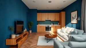 Salon et cuisine d’un appartement 57 m² rénové, avec mur bleu nuit, bois clair et ambiance chaleureuse
