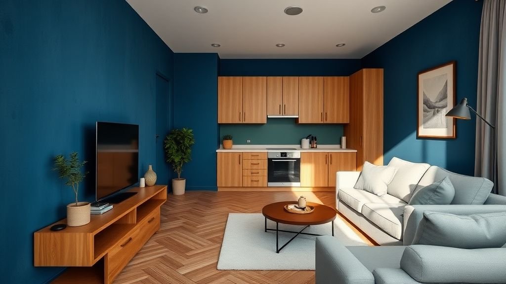 Salon et cuisine d’un appartement 57 m² rénové, avec mur bleu nuit, bois clair et ambiance chaleureuse