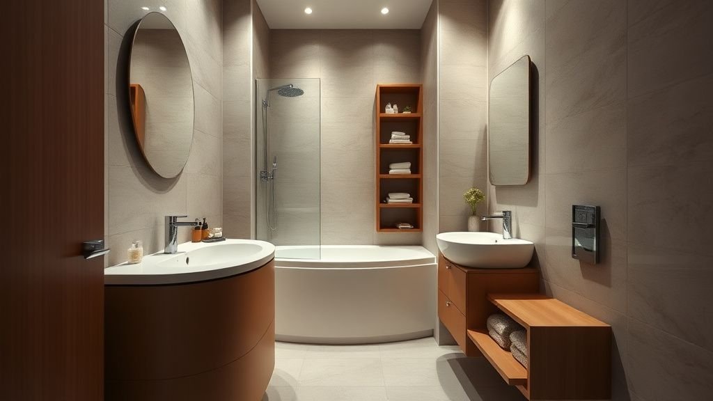 Salle de bain compacte avec meuble arrondi, rangements sur mesure et finitions élégantes dans un petit appartement