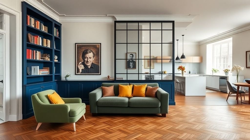 Séjour d’un appartement années 70 rénové avec bibliothèque bleue, parquet en point de Hongrie et verrière noire