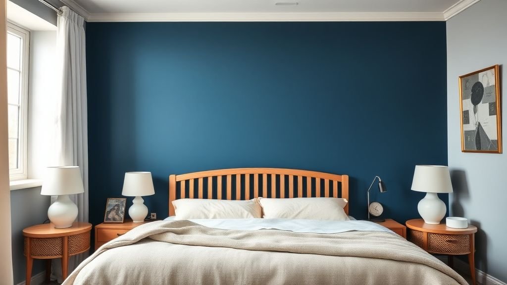 Chambre parentale avec mur bleu profond, tasseaux en chêne et tables de chevet en cannage