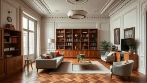 Salon d’un appartement haussmannien rénové avec parquet ancien, bibliothèque sur mesure et ambiance chaleureuse