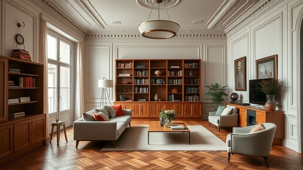 Salon d’un appartement haussmannien rénové avec parquet ancien, bibliothèque sur mesure et ambiance chaleureuse