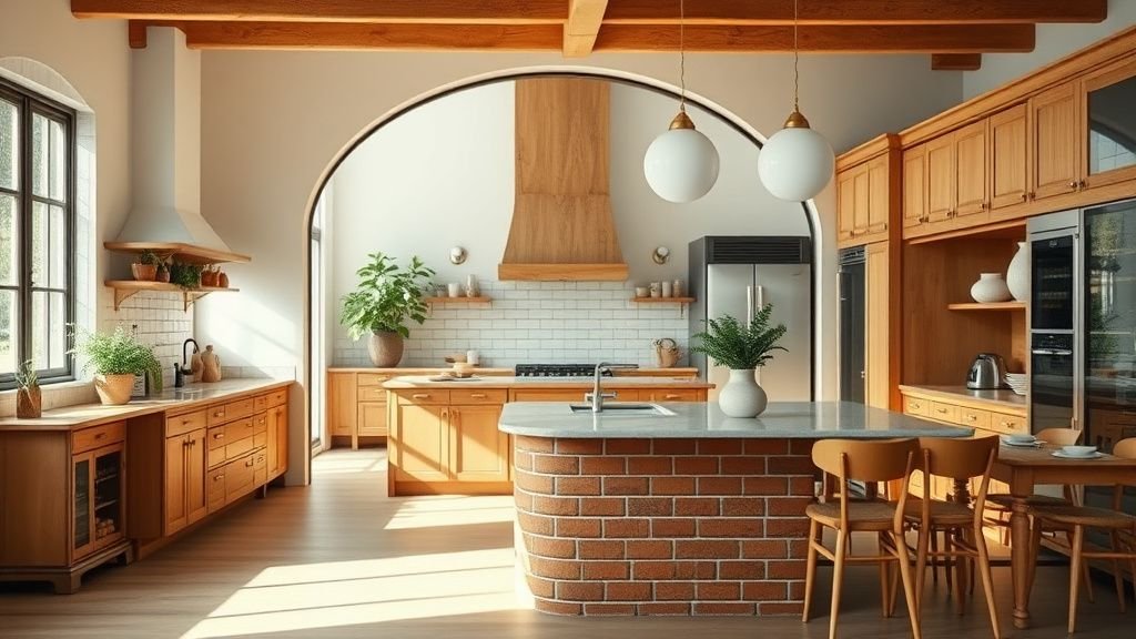 Cuisine ouverte avec verrière cintrée, îlot en carrelage rouge brique et mobilier en chêne naturel