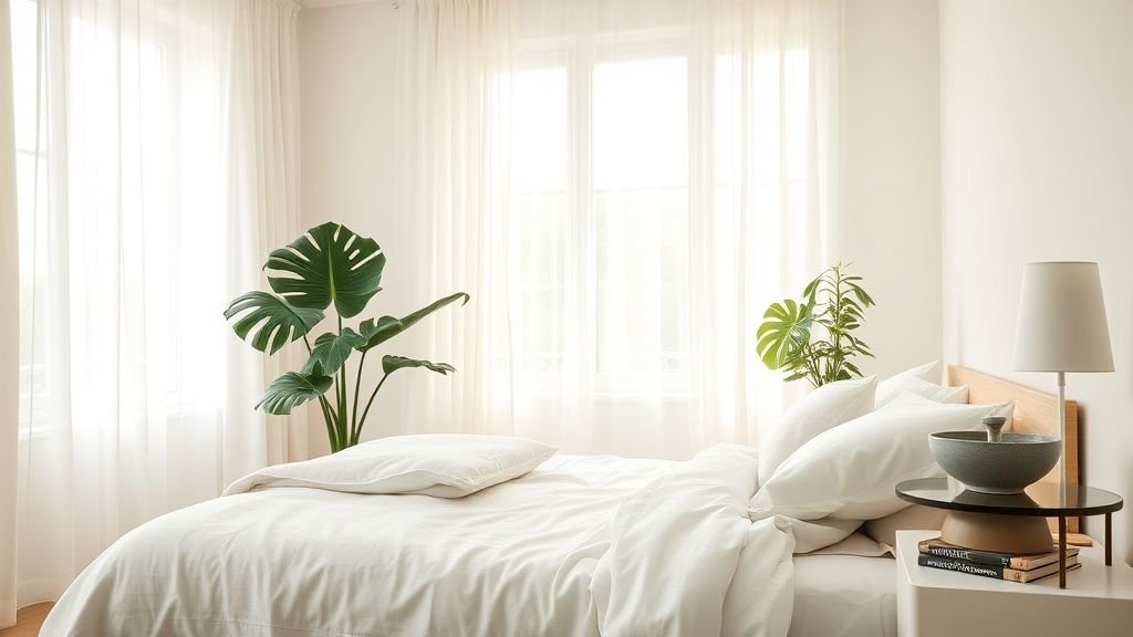 Chambre d’été lumineuse avec linge de lit en lin, rideaux clairs et plante verte près de la fenêtre