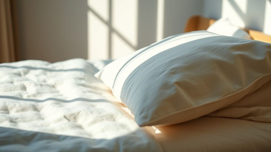 Gros plan sur un lit avec oreiller rafraîchissant et linge de lit en lin dans une chambre claire