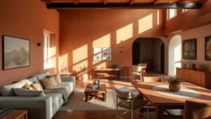Claustra en terre cuite séparant un salon lumineux avec ombres géométriques et ambiance méditerranéenne