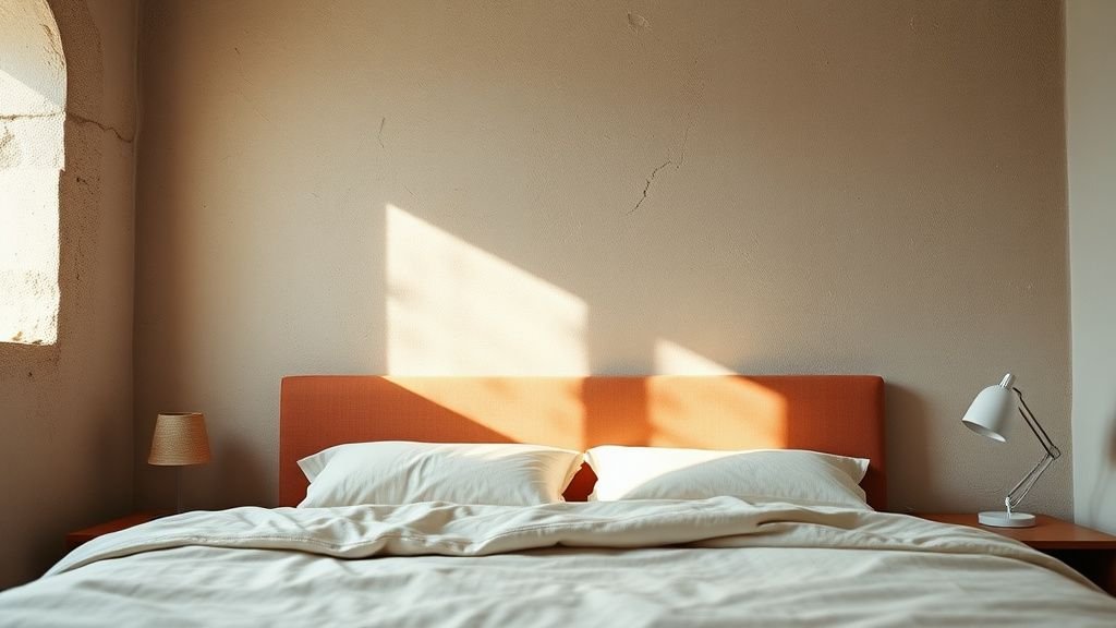 Tête de lit en claustra de terre cuite dans une chambre douce et lumineuse avec ombres délicates
