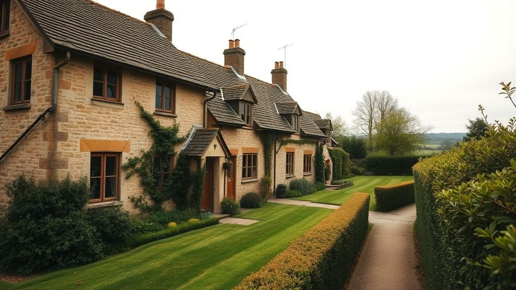 Maison anglaise ancienne en pierre avec fenêtres à petits carreaux et chemin bordé de haies