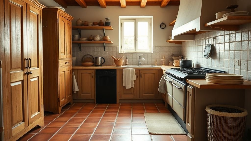 Cuisine de cottage anglais avec sol en terre cuite, meubles peints et lumière naturelle douce