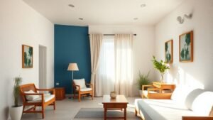 Intérieur vintage inspiré des années 80 avec murs texturés blancs, accent bleu et mobilier en bois