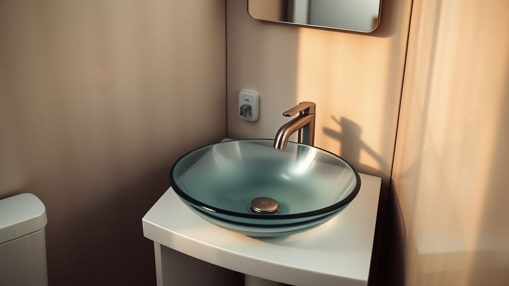 Salle de bain monochrome avec vasque rétro en verre, robinetterie brossée et mur texturé