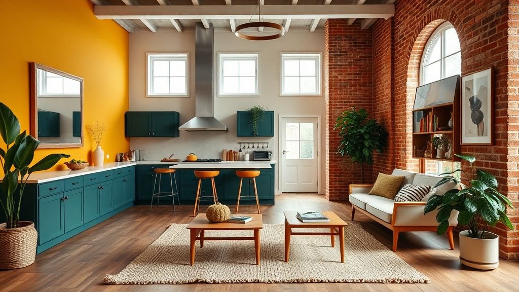 Salon éclectique avec mur moutarde, cuisine vert forêt, briques apparentes et mobilier vintage lumineux