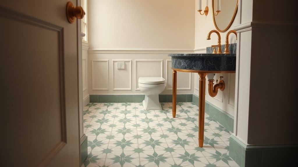 Salle de bain avec carrelage vert étoilé, robinetterie dorée et plan vasque en marbre sombre