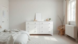 Chambre scandinave lumineuse avec une commode blanche minimaliste et des textiles neutres