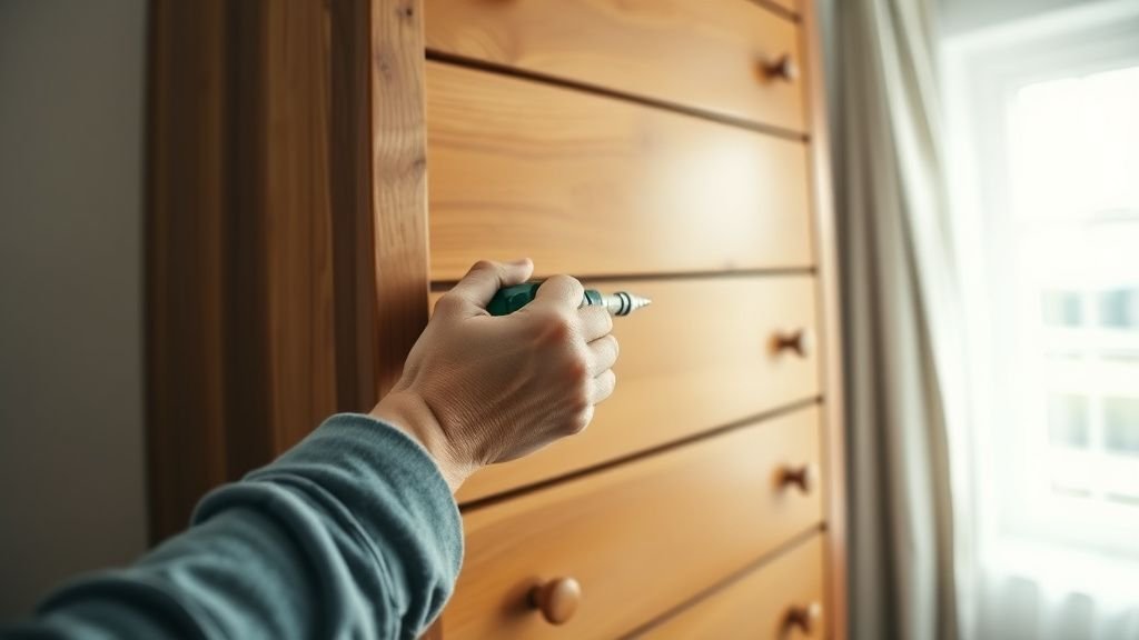 Mains fixant une commode au mur dans une chambre lumineuse pour illustrer la sécurité