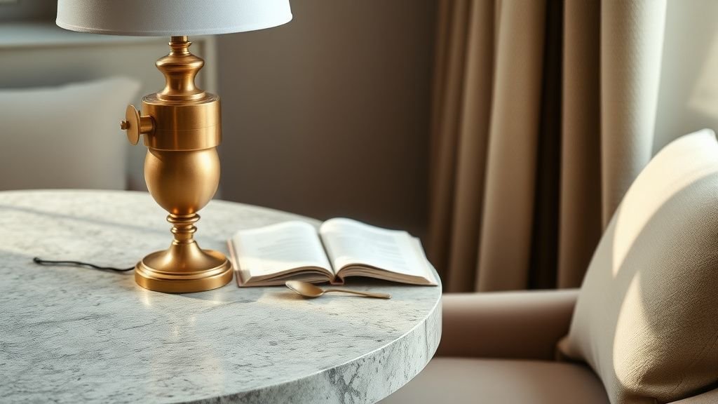 Vignette déco avec pierre, bronze et textiles neutres dans une lumière naturelle douce