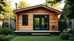 Maison de jardin en bois contemporaine avec grande baie vitrée dans un jardin verdoyant