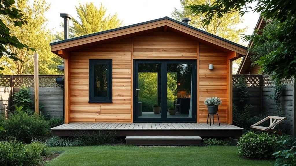 Maison de jardin en bois contemporaine avec grande baie vitrée dans un jardin verdoyant