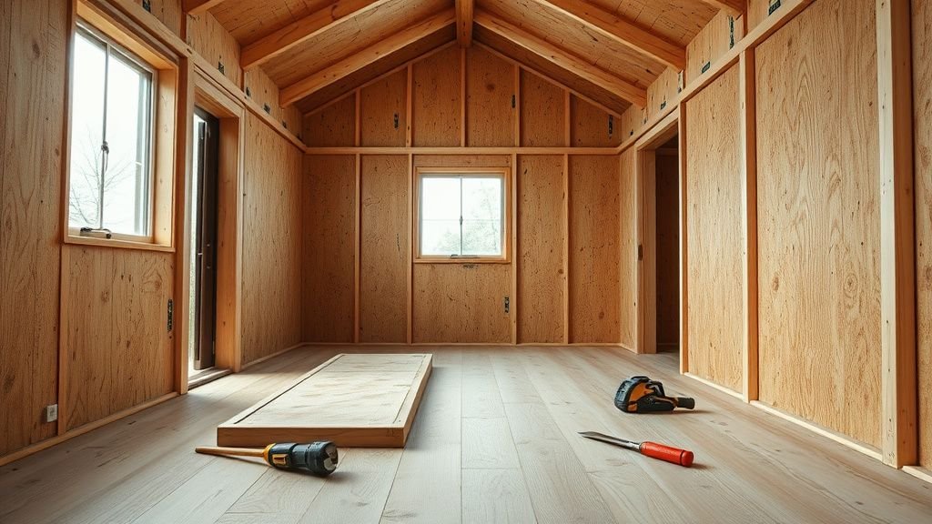 Intérieur brut d’une maison de jardin en bois avec mains posant une planche sous lumière naturelle
