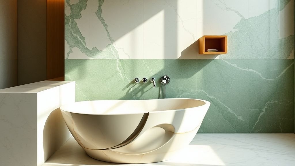Salle de bain sculptée avec baignoire en marbre Orosei et mur minéral veiné