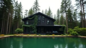 Maison en bois contemporaine nichée dans la forêt avec piscine naturelle verte et végétation luxuriante