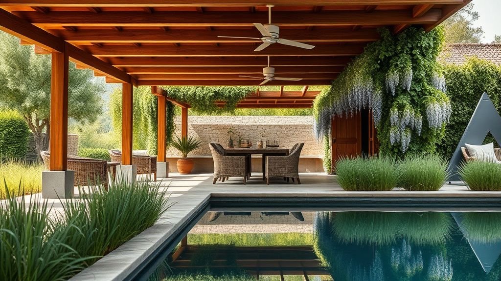 Terrasse couverte en bois avec pergola végétalisée et bord de piscine naturelle au milieu du jardin