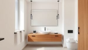 Salle de bains lumineuse avec meuble vasque suspendu en bois clair et ambiance épurée