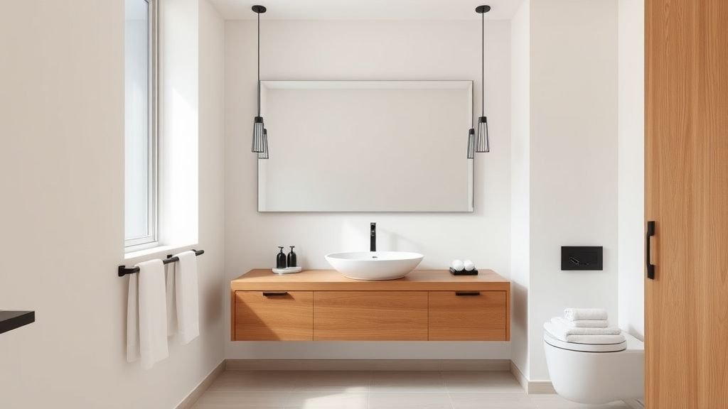 Salle de bains lumineuse avec meuble vasque suspendu en bois clair et ambiance épurée