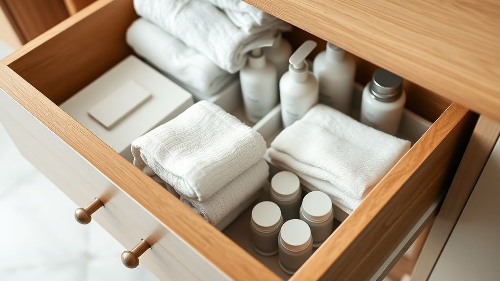 Tiroir de meuble vasque organisé avec accessoires de salle de bain et serviettes pliées
